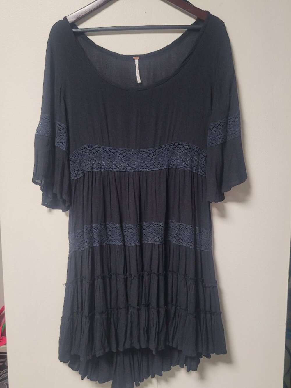 Free People Black Boho Lace Tiered Tunic Mini Dress S Sheer Flowy *flaw